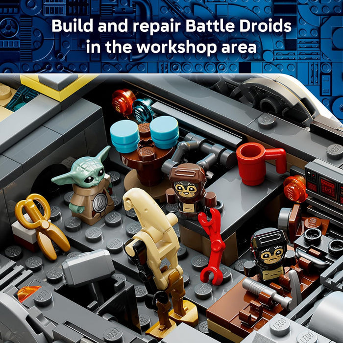 LEGO Star Wars set with droids and workshop area, featuring text 'Build and repair Battle Droids in the workshop area'.