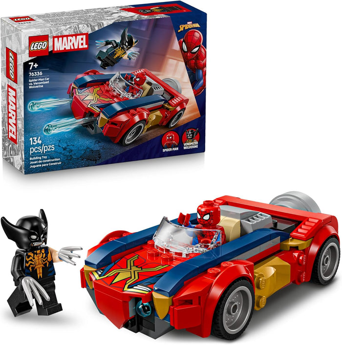 Kids swing into action with Spider-Man's battle-ready supercar in the LEGO Marvel Spider-Man Car vs. Venomized Wolverine (76336) building toy for boys and girls ages 7 years old and up. This pretend play building set lets Spider-Man fans construct a high-speed toy car featuring a trigger at the back that launches 2 spring shooters from the front, plus 2 minifigures: Spider-Man and Venomized Wolverine, making his first appearance in LEGO Marvel sets.