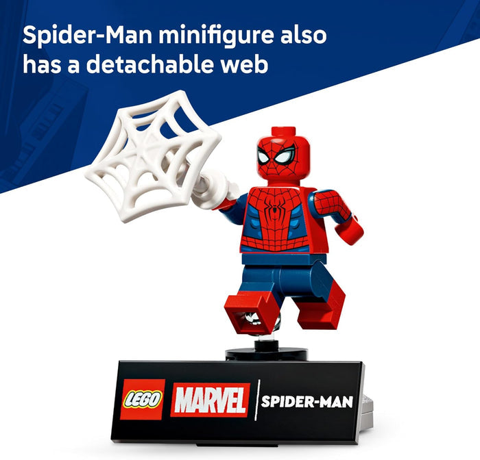 LEGO Spider-Man minifigure with a detachable web on a white background