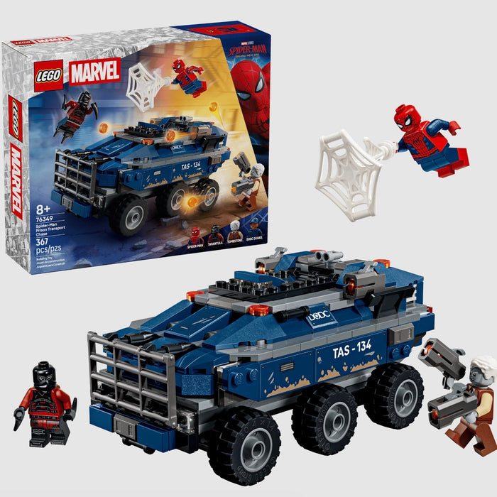 LEGO Marvel vehicle set with Spider-Man figure and packaging on a white background