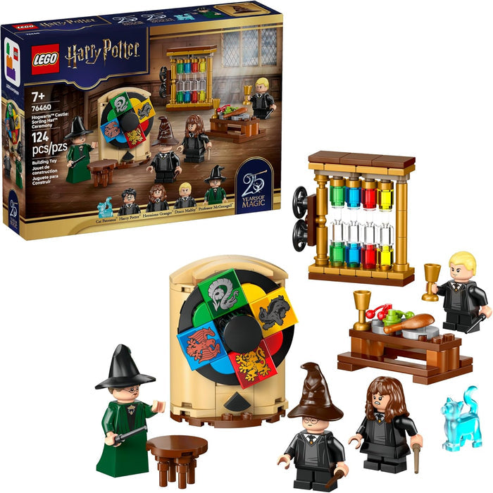 LEGO Harry Potter set with packaging, figures, and props on a white background