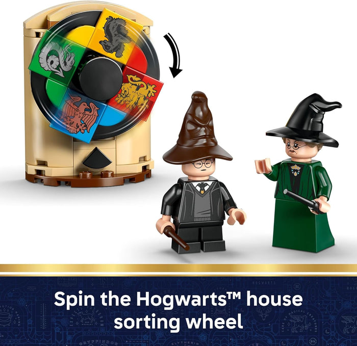 LEGO Hogwarts sorting hat set with sorting wheel and characters on a white background