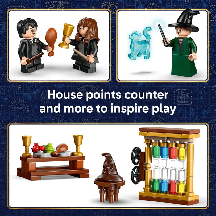 Toy figures and accessories on a blue background with text about house points counter and play inspiration.