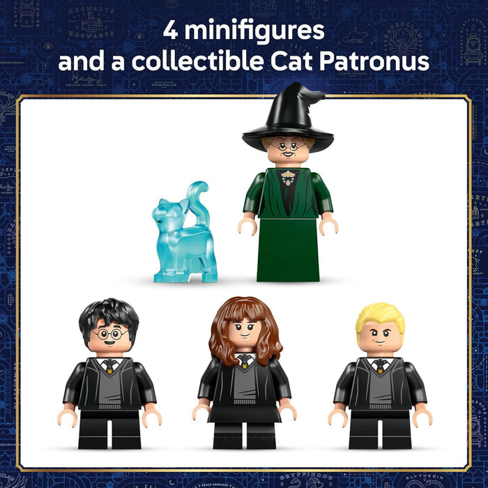 Set of four minifigures and a collectible Cat Patronus on a white background with blue decorative border.