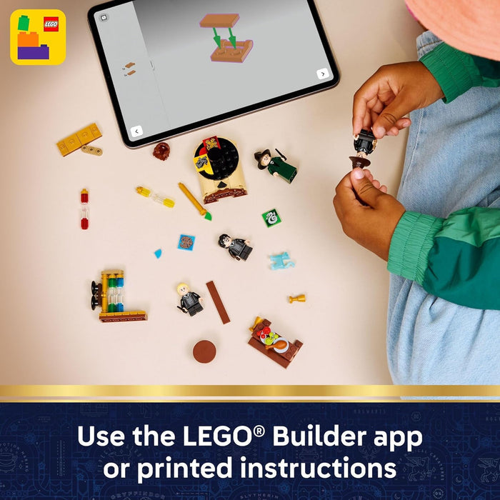 Person building LEGO models with a tablet displaying the LEGO Builder app on a light surface.