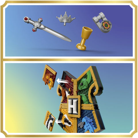 A set of small toy building-block pieces arranged in two panels: the top shows a silver sword, a silver crown, a gold goblet, and a small shield-like piece on a blue gradient background; the bottom shows a larger assembled castle-like structure with multiple colored sections and a letter H on the front. No person, animal, or real environment is present, so this is Product/Packaging rather than Lifestyle.