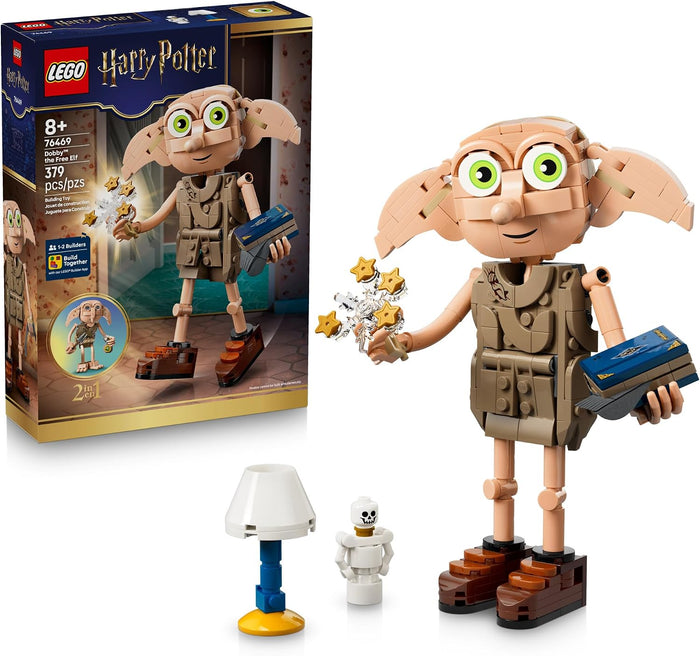 LEGO Harry Potter Dobby toy building set shown with the retail box, a small lamp piece, and a small skeleton minifigure on a white background.