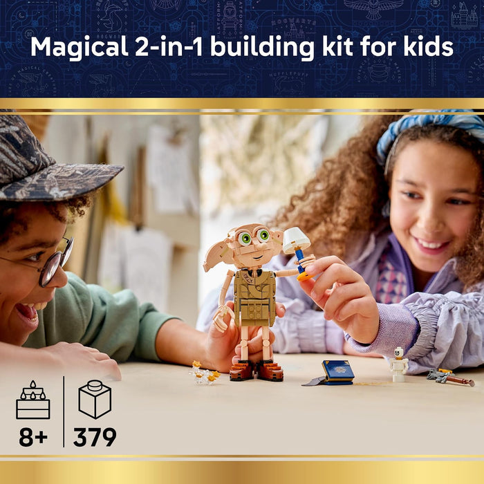 A children's building toy set shown in a lifestyle scene with two kids smiling and assembling a small character figure at a table. The top banner reads 'Magical 2-in-1 building kit for kids,' and icons at the bottom indicate age 8+ and 379 pieces.
