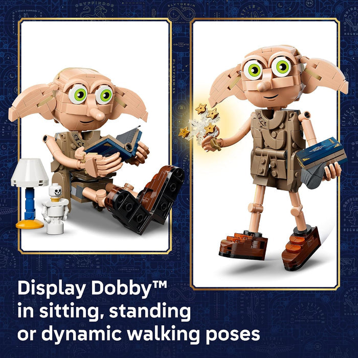 Two LEGO figures of Dobby with text about displaying Dobby seated or standing