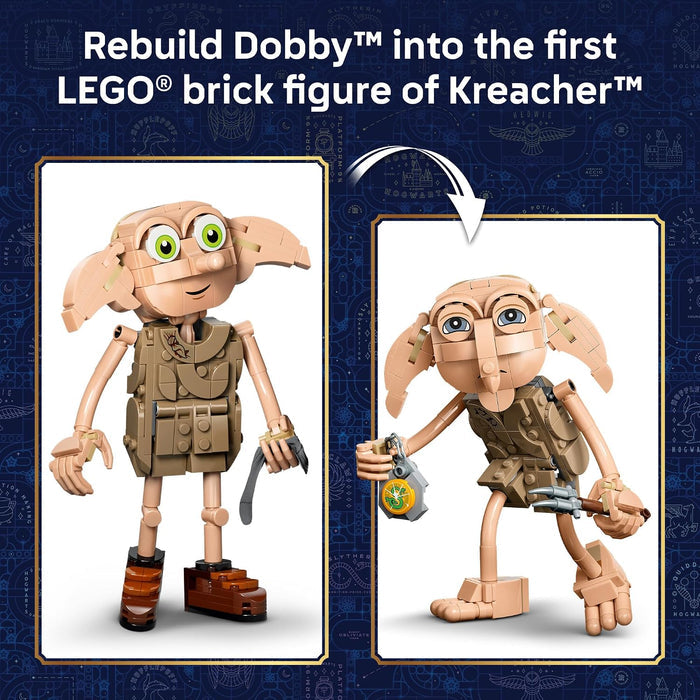 Two LEGO figures of Dobby with text about rebuilding into Kreacher.