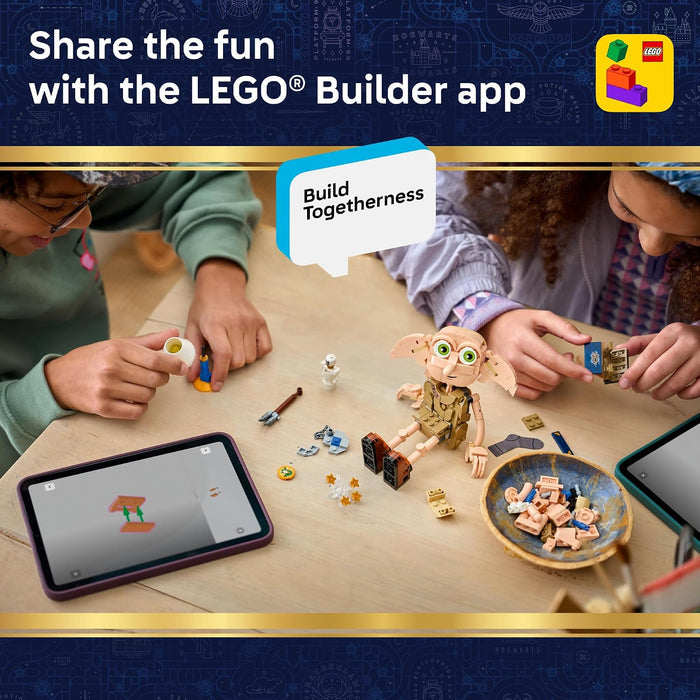 Children playing with LEGO toys on a table, using the LEGO Builder app.