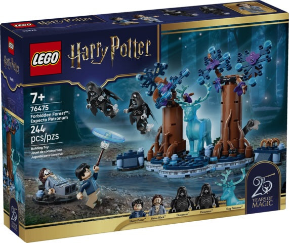 LEGO Harry Potter Forbidden Forest set 76475 building toy box, featuring artwork of the forest scene with a blue stag, tree, and minifigures on a dark blue and gold retail box.