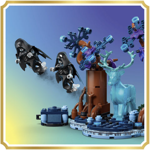A LEGO-style fantasy building set displayed on a gradient blue-to-green background with a gold border. The set includes two black-robed figures, a light blue stag, brown tree-like structures, purple and blue branches, and a dark blue base.