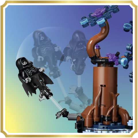 A toy building-block style scene showing a black-robed minifigure floating on the left and a brown tower-like structure with blue and purple mechanical details on the right, set against a blue-to-purple gradient background with a gold border.