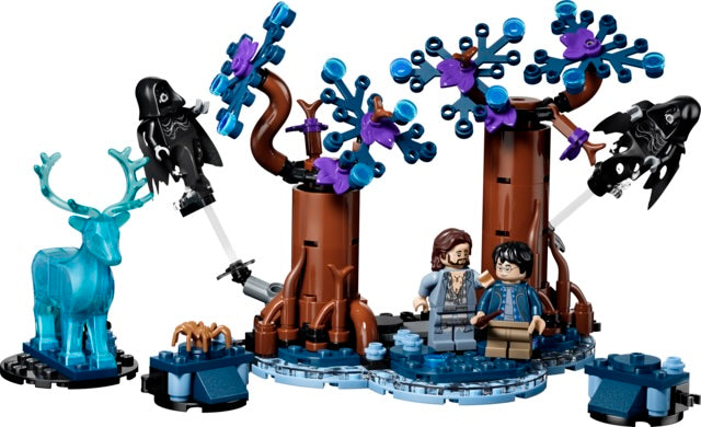 LEGO set with characters and animals in a forest scene