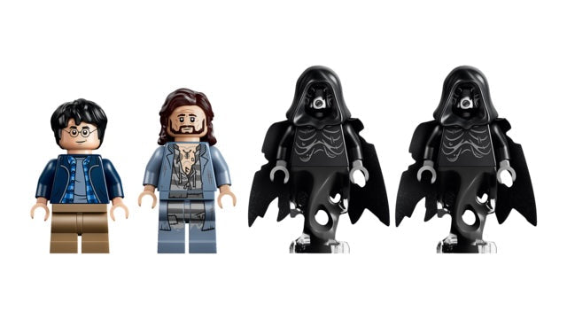Four LEGO minifigures including two characters and two dark-themed figures on a white background