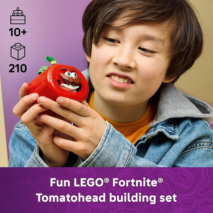 Child holding a LEGO Fortnite Tomatohead set with product details on a purple background