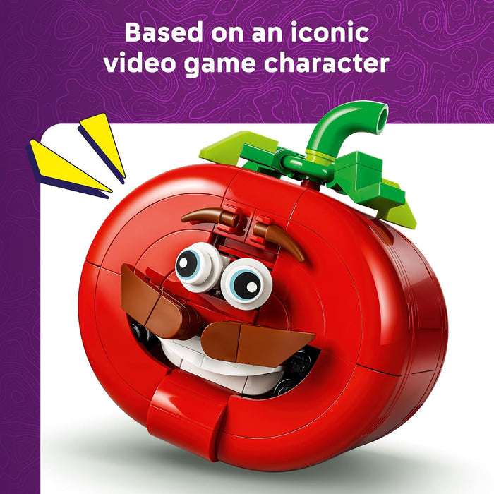 LEGO model of a red character with googly eyes on a white and purple background