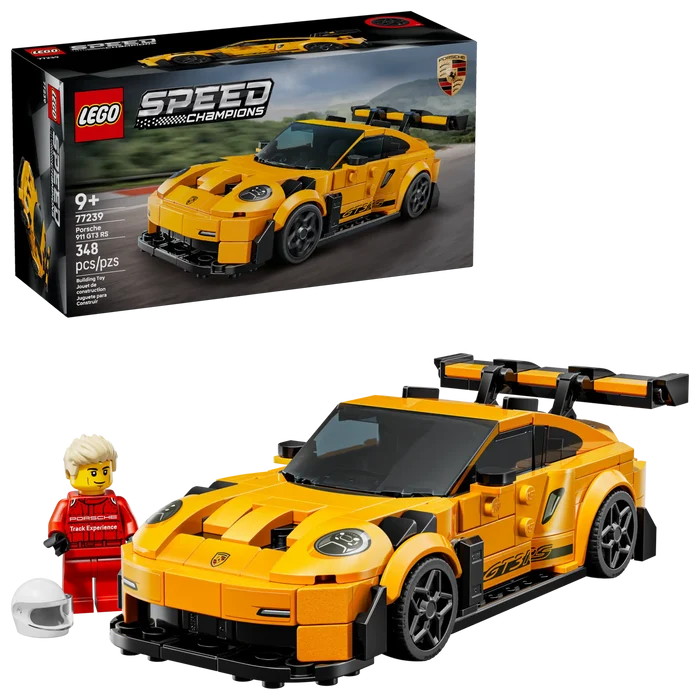 LEGO Speed Champions Porsche car set with packaging and figures on a white background