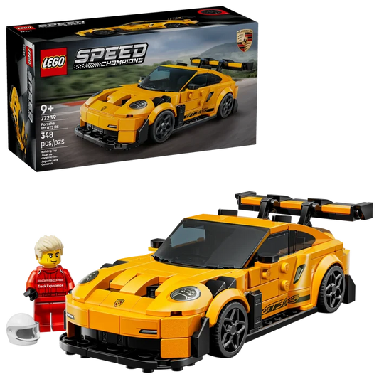 LEGO Speed Champions Porsche car set with packaging and figures on a white background