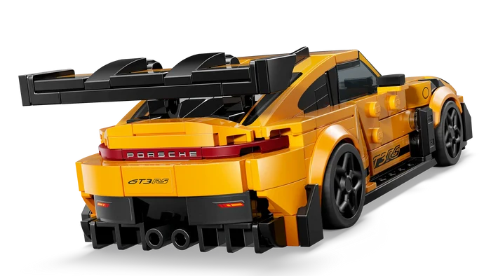 Yellow Porsche GT3 RS model car made of interlocking bricks on a white background