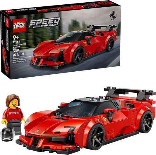 LEGO Speed Champions Ferrari SF90 XX set with packaging and minifigure on a white background