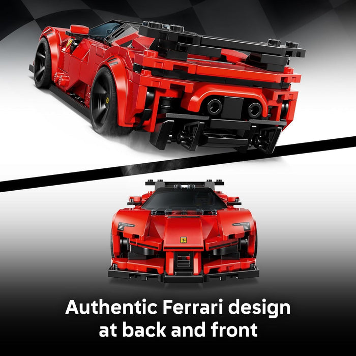 Red toy car model with Ferrari design on a gray background