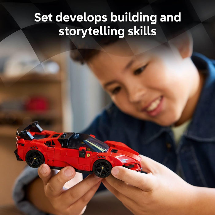 Child playing with a red toy car, with text about skill development.