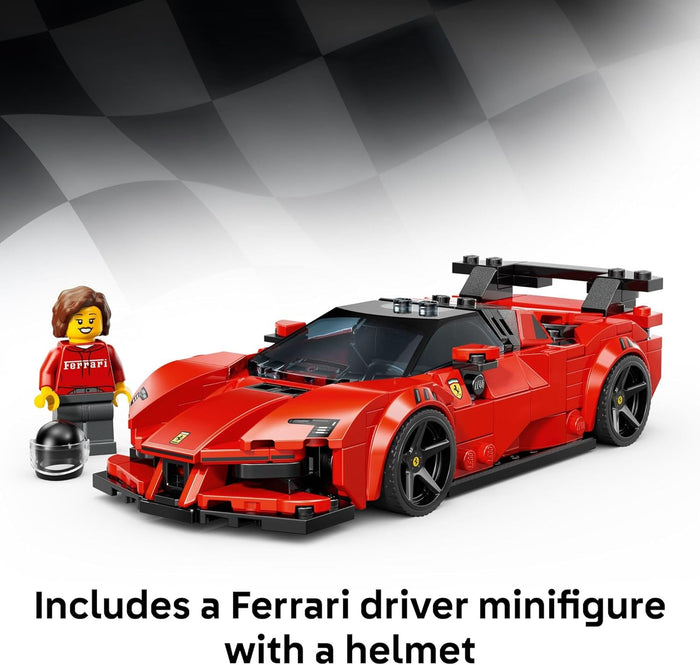 Red Ferrari-themed toy car with a driver minifigure on a checkered background