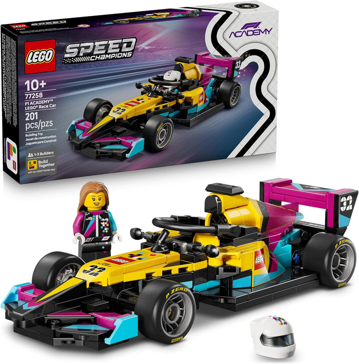 LEGO Speed Champions Formula 1 car set with packaging and accessories on a white background