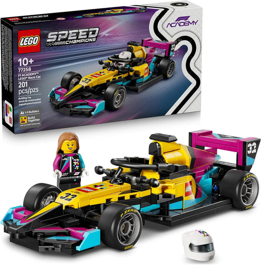 LEGO Speed Champions Formula 1 car set with packaging and accessories on a white background
