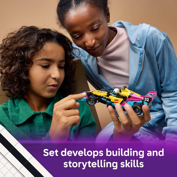 Two children playing with toy cars, with a focus on building and storytelling skills.