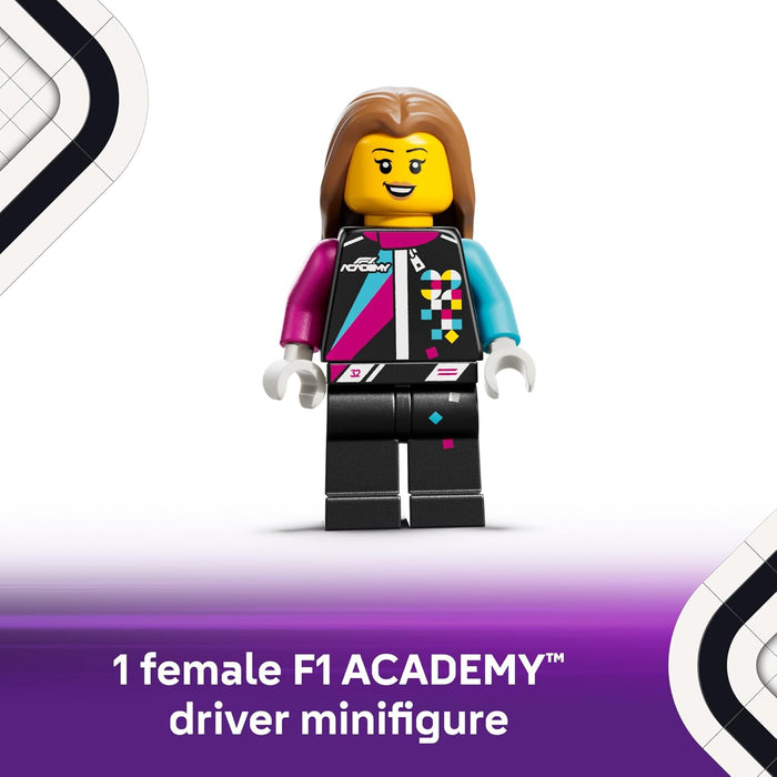 LEGO female F1 driver minifigure on a white background with purple banner.