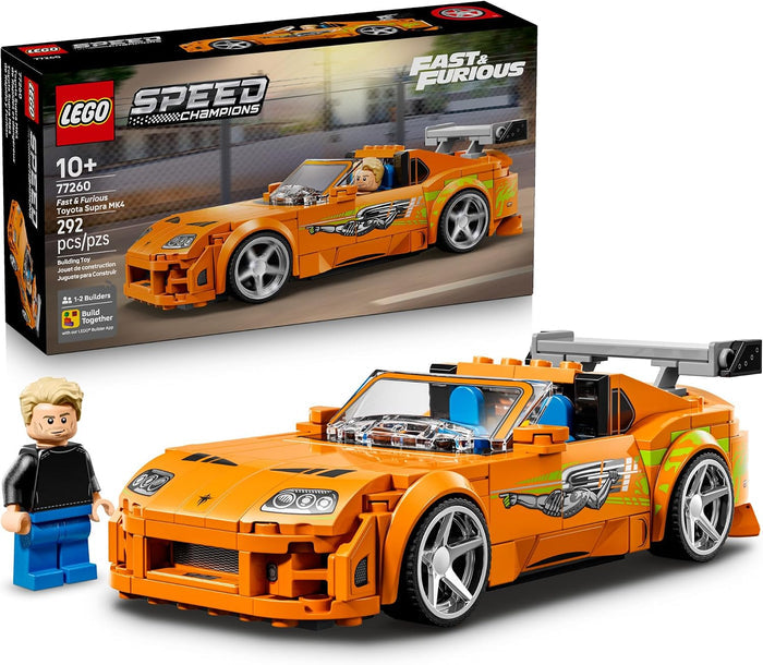 LEGO Speed Champions Fast+Furious Part 2: Street Wars building set, showing the orange toy sports car with a small minifigure beside it and the retail box in the background on a white studio backdrop.
