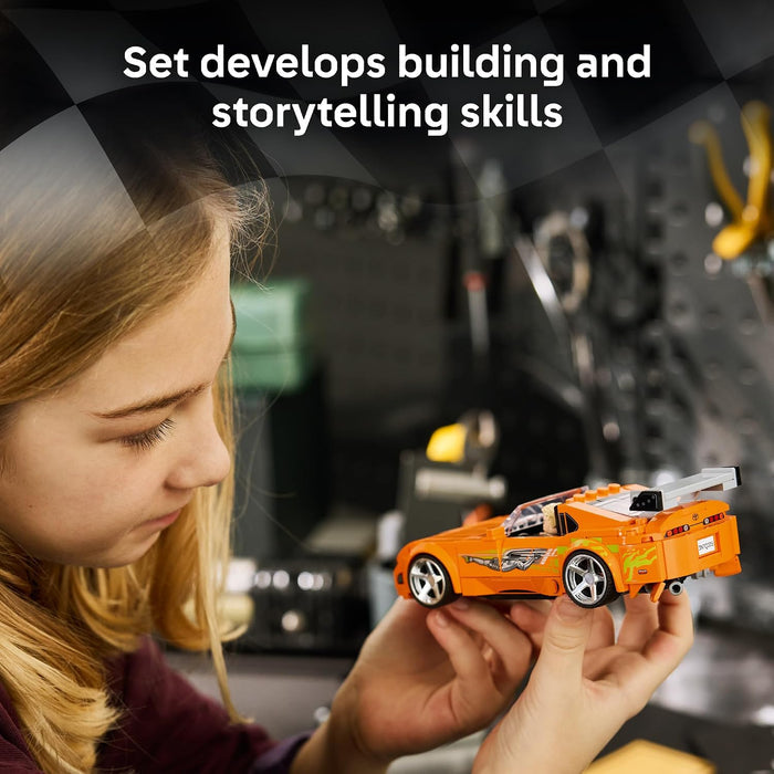 Child playing with a toy car in a workshop setting, with text about skill development.