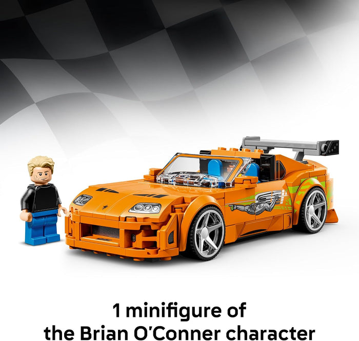 An orange brick-built race car with a silver rear wing and silver wheels, shown with a small minifigure on a white background with a black-and-white checkered graphic at the top. Text at the bottom reads: '1 minifigure of the Brian O'Conner character'.