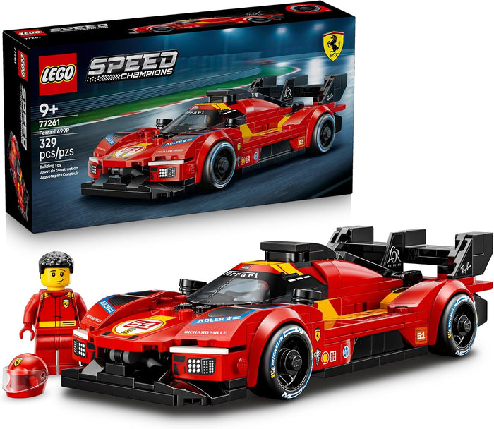 LEGO Speed Champions Ferrari 1100 racing car set shown with the retail box, a red assembled race car, a black-and-red Ferrari minifigure, and a small clear helmet on a white background.
