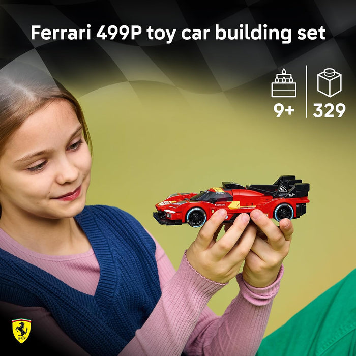 Girl holding a Ferrari 499P toy car building set with product details on a green background