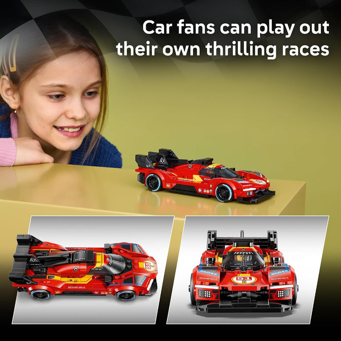 Red toy race car on a table with a child looking at it, and text about car fans playing out races.