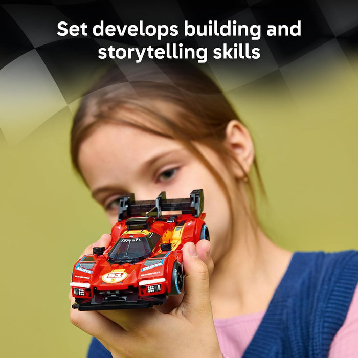A young girl holds a red toy race car close to the camera against a soft olive-green background, with text at the top reading 'Set develops building and storytelling skills.' The product appears to be a toy building block set featuring a Ferrari-style race car.