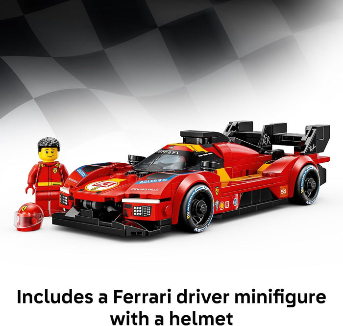 Red toy race car with a Ferrari driver minifigure and helmet on a checkered background