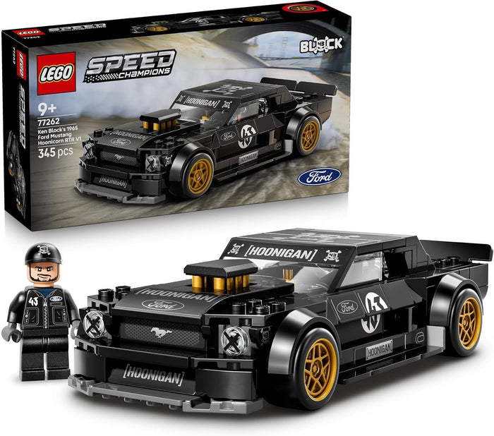 LEGO Speed Champions Ford Racing 77262 Two Bucks Racing Team Ford Mustang R1, shown with the assembled black and gold toy car, a small minifigure, and the retail box on a white background.