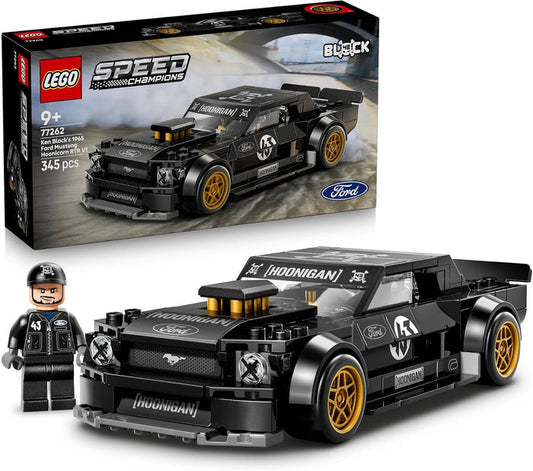 LEGO Speed Champions Ford Racing 77262 Two Bucks Racing Team Ford Mustang R1, shown with the assembled black and gold toy car, a small minifigure, and the retail box on a white background.