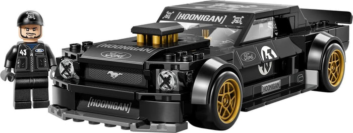 LEGO model of a black Ford Mustang with 'Hoonigan' branding, including a figure next to it.