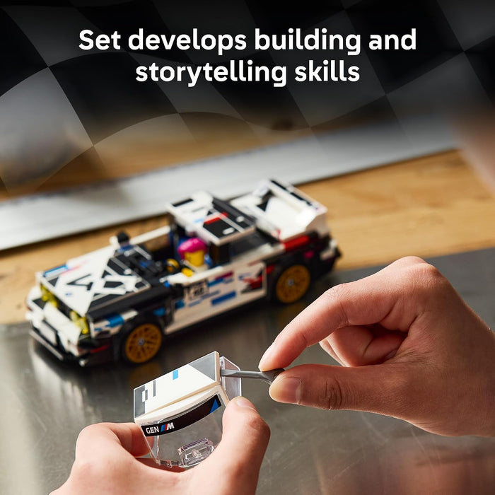Hands assembling a small LEGO-style car with a clear storage box and small tool in the foreground, with a blurred completed white, black, and blue race car in the background on a tabletop. Text at the top reads, 'Set develops building and storytelling skills.
