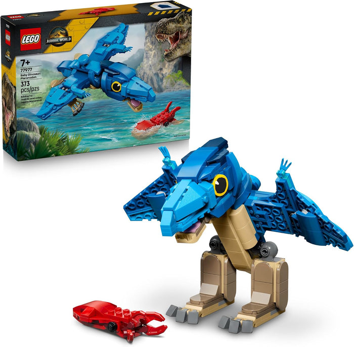 LEGO Jurassic World toy set shown with the assembled blue and tan dinosaur model, a small red claw accessory, and the retail box on a white background.