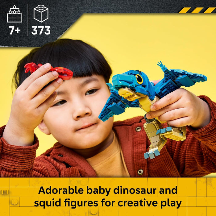 A child holds a blue and yellow baby dinosaur toy while looking at a small red squid toy. The image includes text overlays reading '7+ age', '373 pieces', and 'Adorable baby dinosaur and squid figures for creative play'.