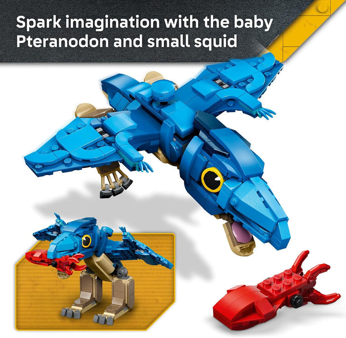 Blue toy pteranodon building block set with a red small squid accessory, shown on a white background with a text banner at the top and inset views of the assembled toy and separate pieces.