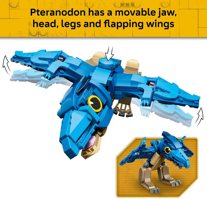 Blue and tan toy dinosaur/raptor building block set shown on a white background with a yellow header that reads 'Pteranodon has a movable jaw, head, legs and flapping wings.' A small inset shows the assembled toy from a different angle.