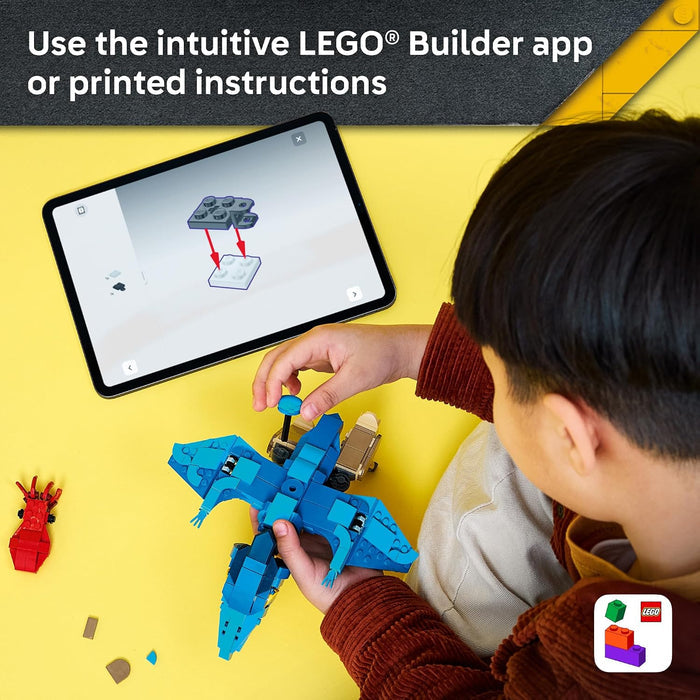 A child builds a blue dino with LEGO pieces on a yellow surface, using an iPad to follow instructions. Text at the top says, 'Use the intuitive LEGO Builder app or printed instructions.